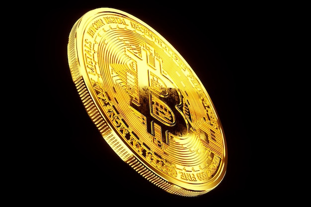 Gold bitcoin coins isolated on black background, isolate. Blockchain technology, Block of cryptographic data, money of the future. 3D render, 3D illustration. Copy space.