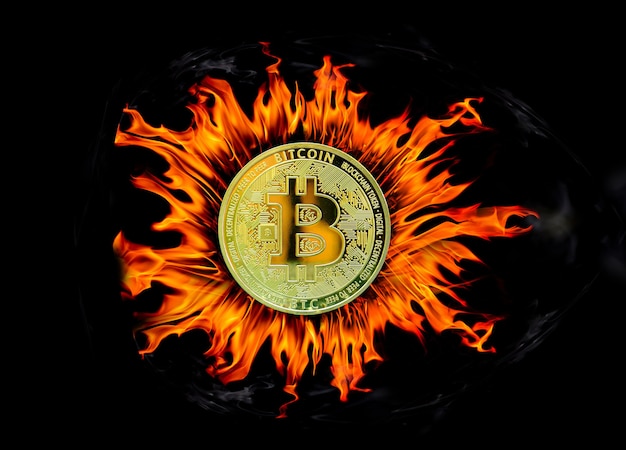 La criptovaluta bitcoin d'oro sta bruciando su sfondo nero