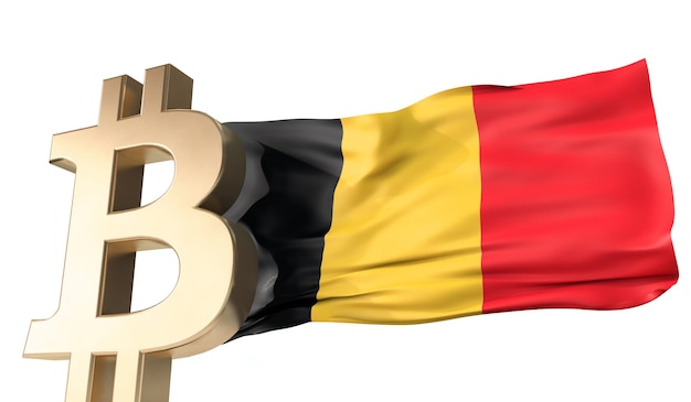 Gold bitcoin cryptocurrency with a waving Belgium flag 3D Rendering