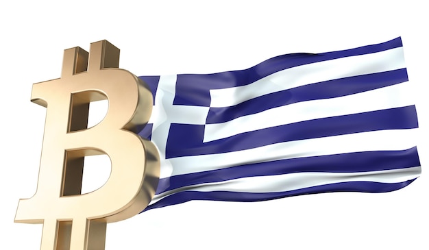 Gold bitcoin cryptocurrency with a waving Greece flag 3D Rendering