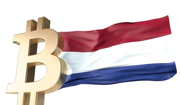 Золотая биткойн-криптовалюта с развевающимся флагом Нидерландов 3D рендеринг