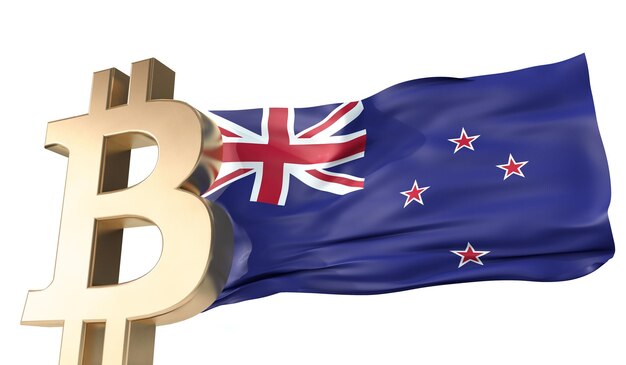 Золотая криптовалюта биткойн с развевающимся флагом Новой Зеландии 3D рендеринг