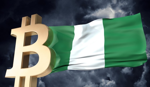 Gold bitcoin cryptocurrency with a waving nigeria flag d rendering