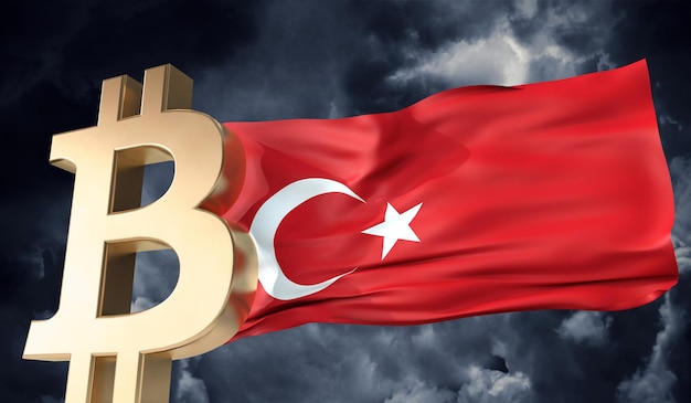 Gold bitcoin cryptocurrency with a waving turkey flag d rendering