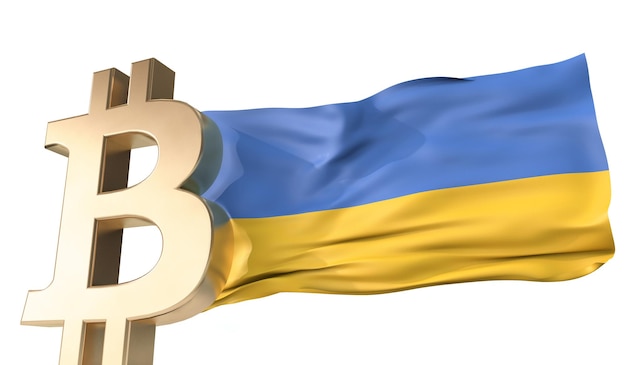 Gold bitcoin cryptocurrency with a waving Ukraine flag 3D Rendering