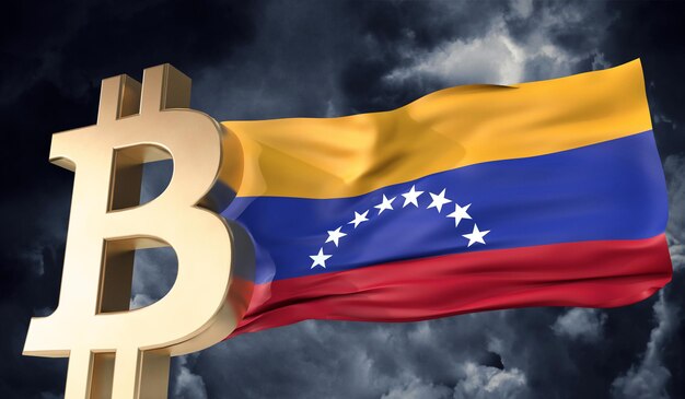 Gold bitcoin cryptocurrency with a waving venezuela flag d rendering