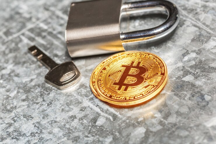 Photo gold bitcoin and padlock
