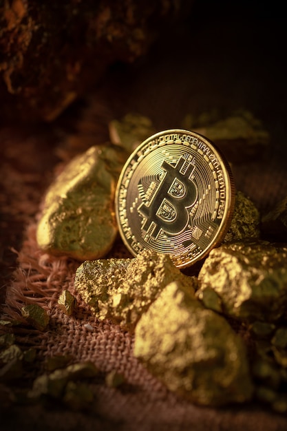 Gold bitcoin fisico bitcoin-cryptocurrency e grani di nugget gold. concetto di business