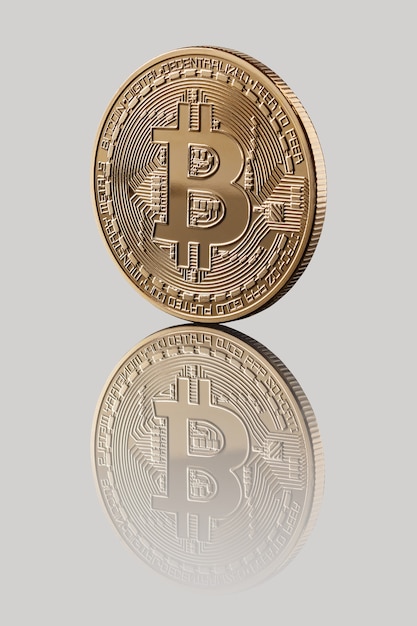 Gold Bitcoin. Reflection of a coin