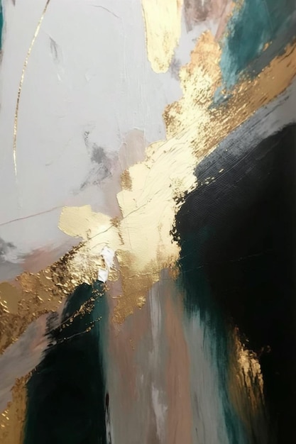 Gold and black abstract painting with a gold leaf and a green leaf.