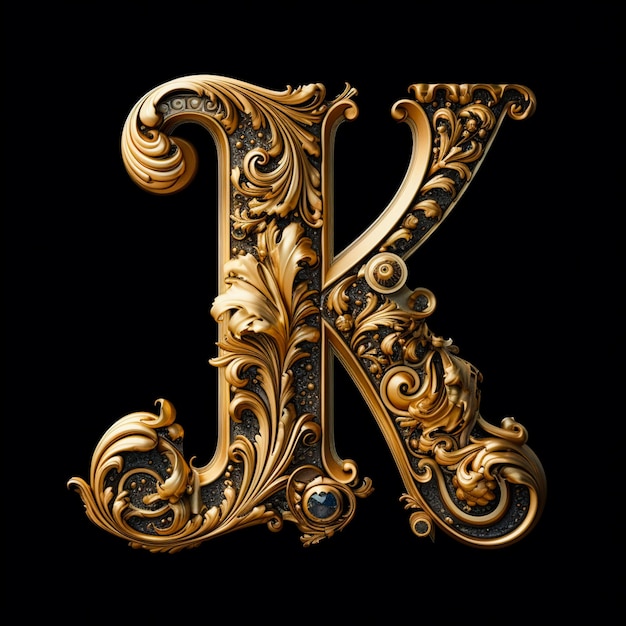 Gold and black alphabet letter k with a floral pattern.