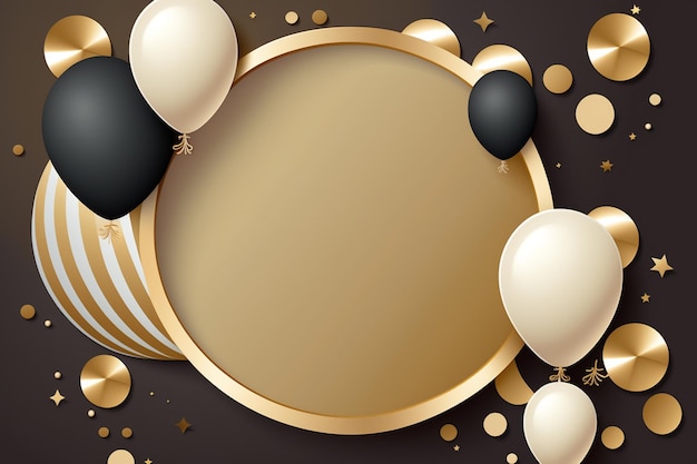 A gold and black background with balloons and gold stars.