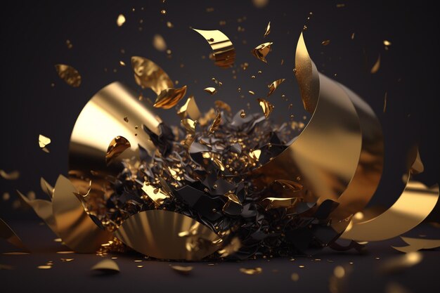 A gold and black background with a black background and a gold and silver object in the middle.