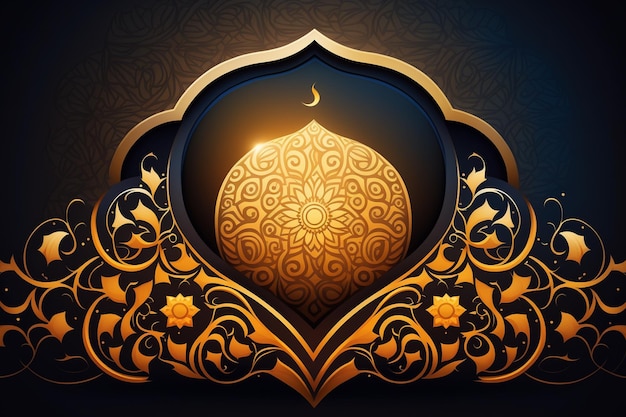 A gold and black background with a gold design and a round dome with the text ramadan.