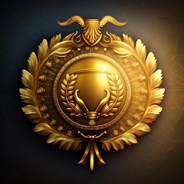 a gold and black background with a gold emblem that says