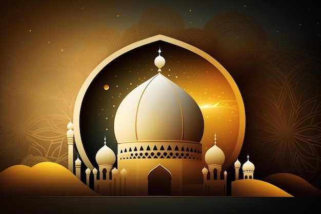 A gold and black background with a mosque and the words eid al - adha on it