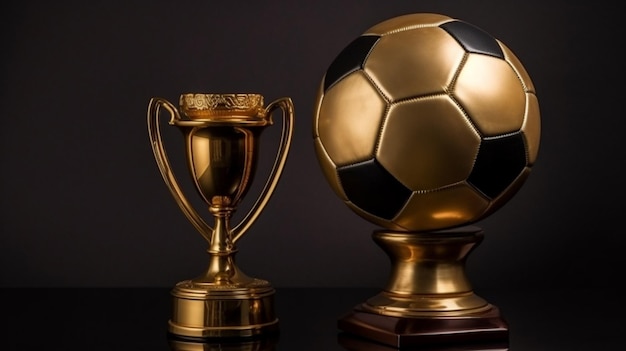 A gold and black ball and a trophy are on a black table.