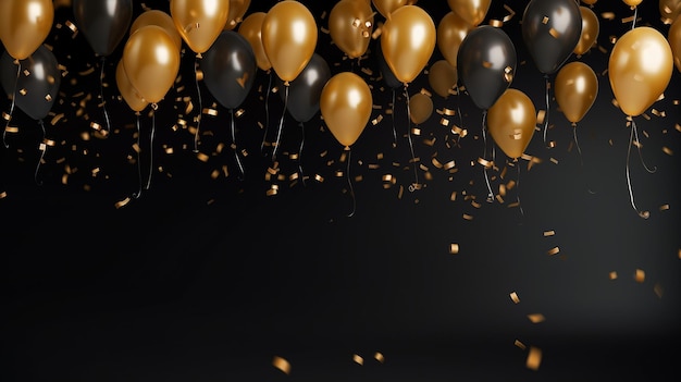 gold and black balloons and foil confetti falling on black background