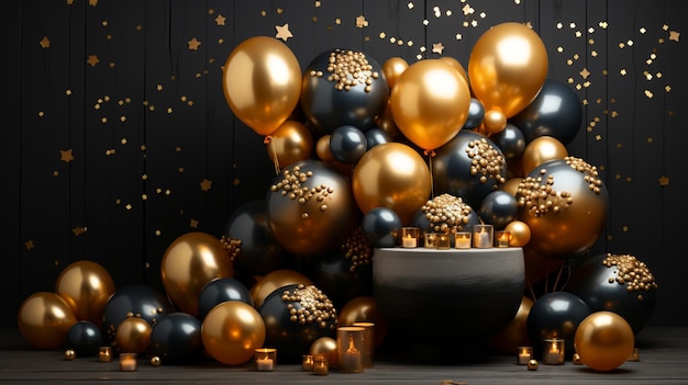 gold and black balloons and gold balls in a tub with gold stars