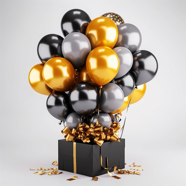 Gold and black balloons with gifbox