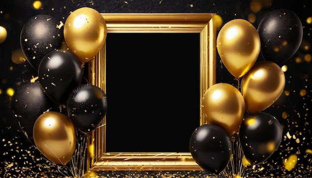 Photo gold and black balloons with a golden frame with sparkles on black background