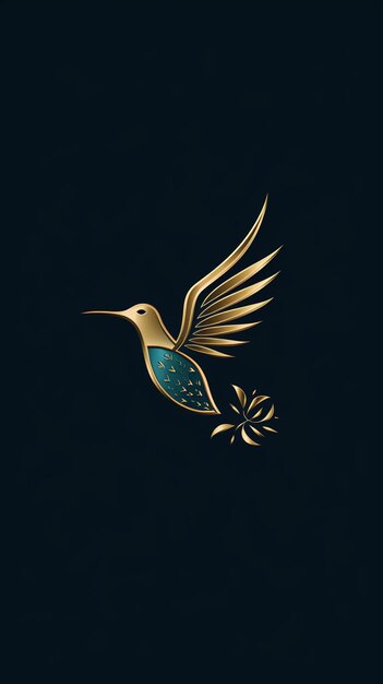 A gold and black bird with a flower in the beak.