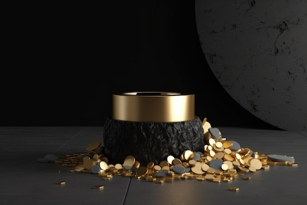 A gold and black candle holder with gold accents sits on a black surface.