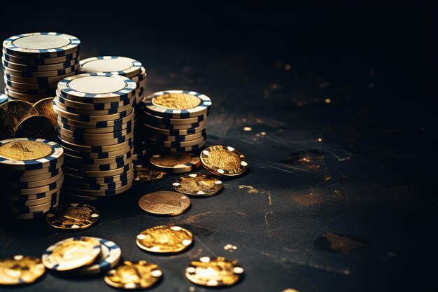 Gold and black chips The chips are scattered on table Gambling coins in the casino Excitement Roulette Luck