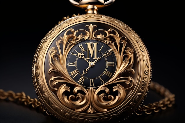 a gold and black clock with roman numerals and the roman numerals