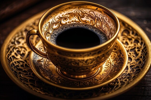 Foto una tazza d'oro e nera di caffè si siede su un piatto d'oro