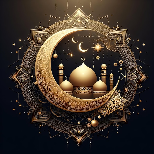 A gold and black design with a crescent moon and a building with a dome