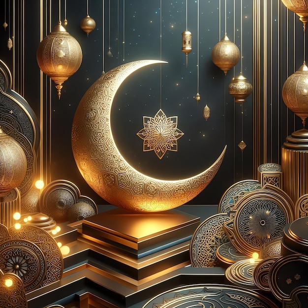 A gold and black design with a crescent moon and a building with a dome