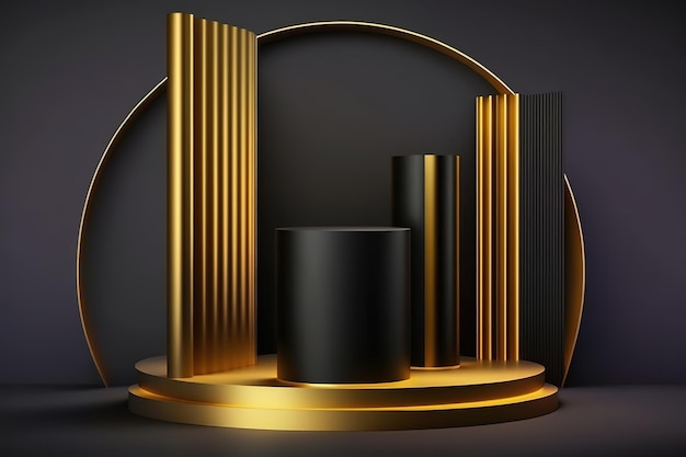 A gold and black display with black objects.