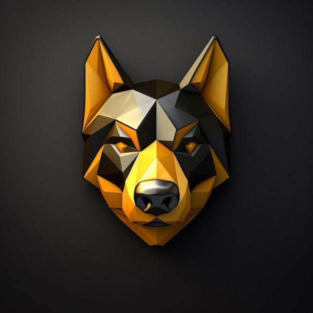 A gold and black dog logo with a black background