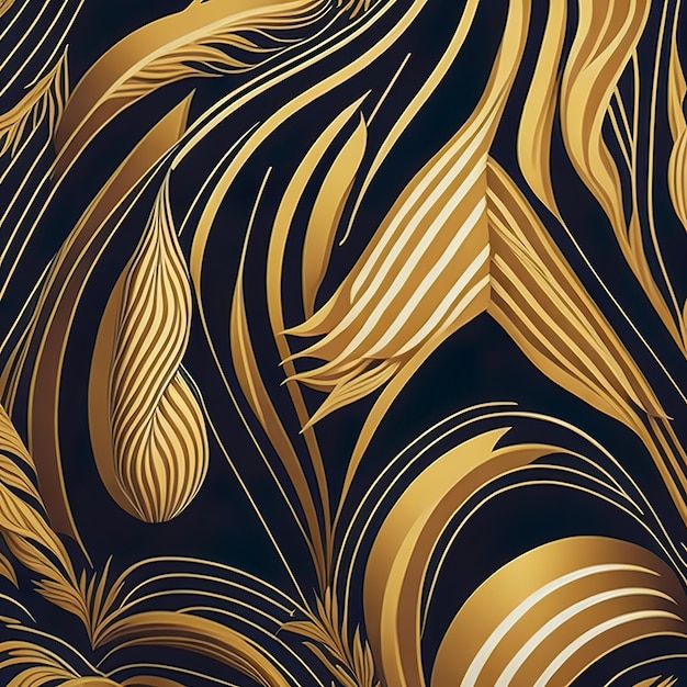 Gold and black feathers on a black background.