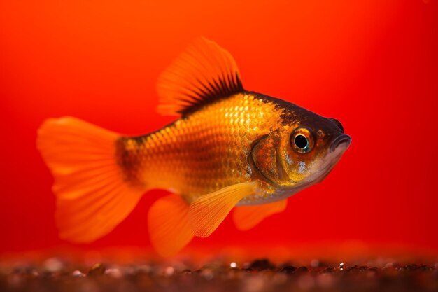 A gold and black fish with a red background