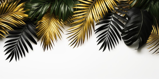 Gold and black flat lay tropical palm leaf branches on white background