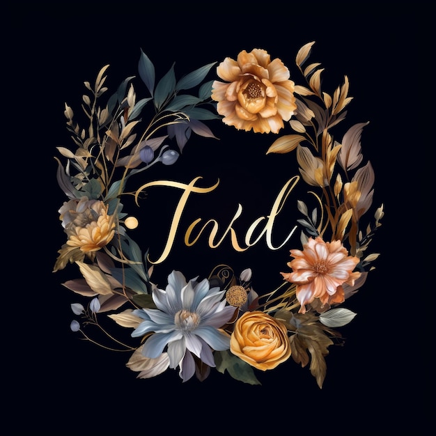 Gold and black floral art arrange for wedding invitation card photo by Generate AI