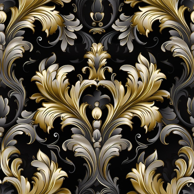 a gold and black floral pattern with gold flowers on a black background.