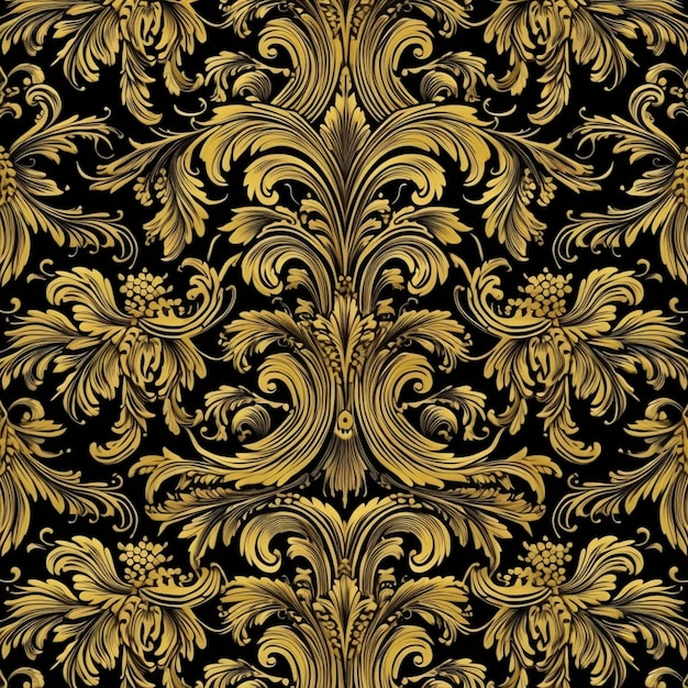 a gold and black floral pattern with swirls and leaves generative ai