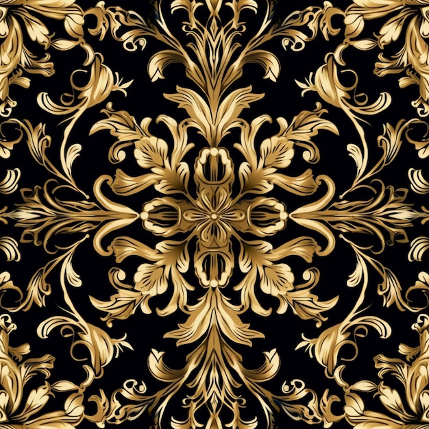 a gold and black floral pattern with swirls and leaves generative ai