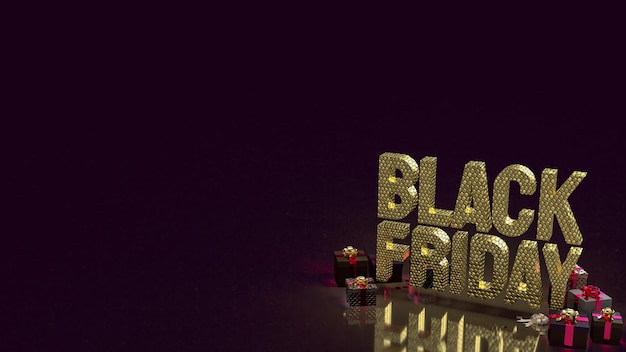 Золотая Черная пятница и подарочная коробка на черном фоне 3d рендеринг