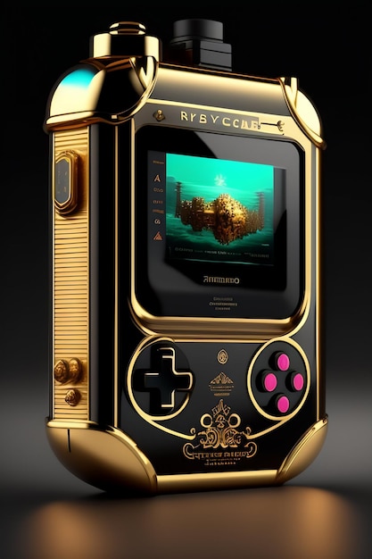 A gold and black handheld game console with a game screen that says nintendo on it.