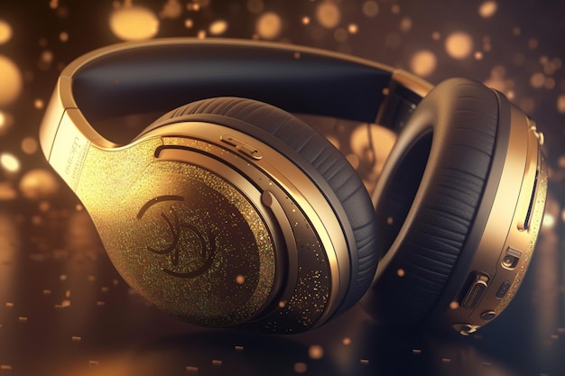 A gold and black headphones with a logo on it