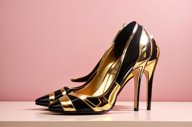 gold and black heel on pink background