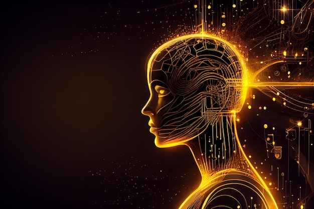 A gold and black illustration of a woman's head with the words robot on it.