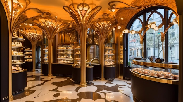 The gold and black interior of the store is decorated with gold and black and white marble