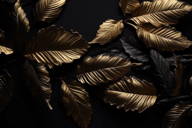 Gold and black leaves on black background