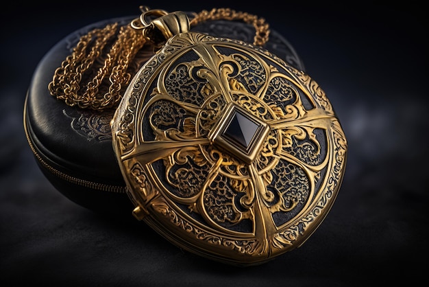 A gold and black locket with a square stone on the front.