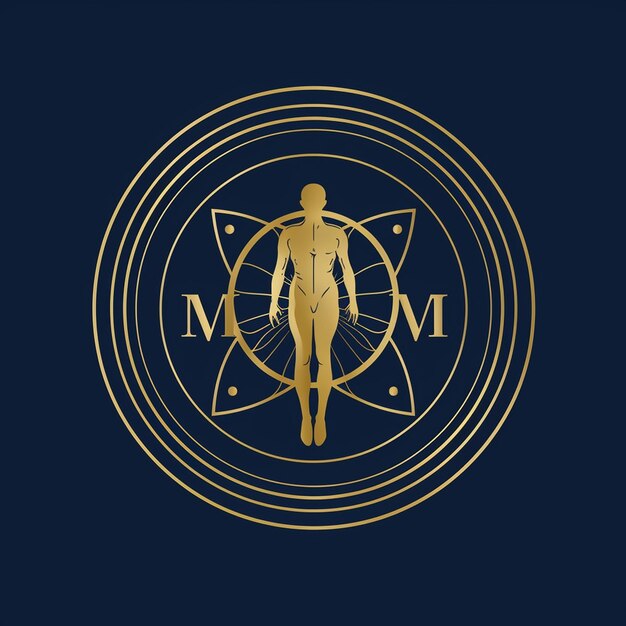 a gold and black logo with a man in a circle that says'm'on it